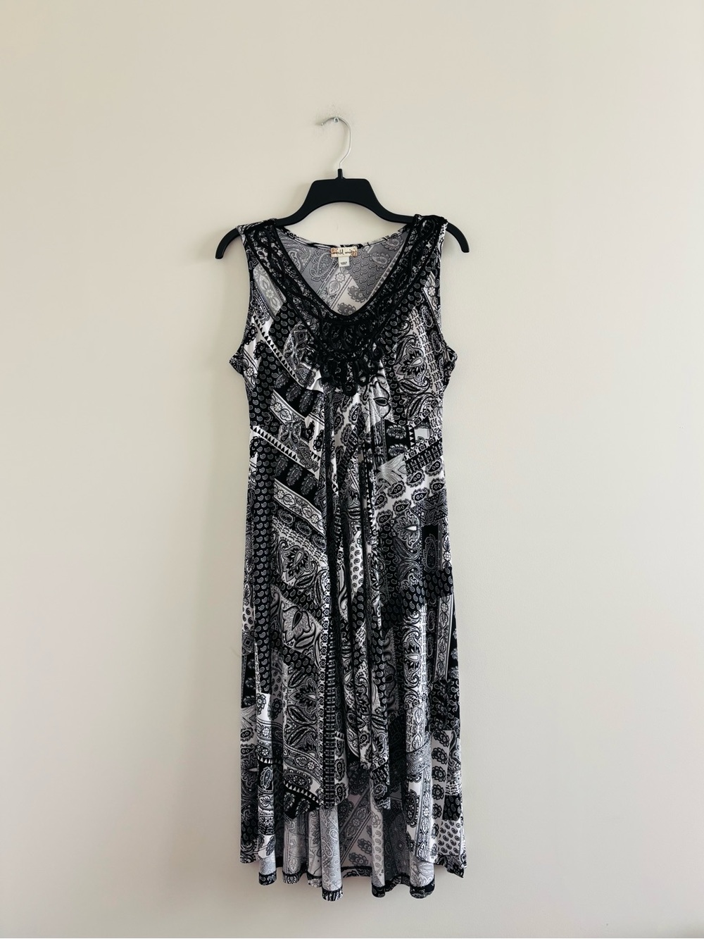 VTG Y2K World Unity Dress Black White Paisley Sleeveless Small Boho Hippie Indie